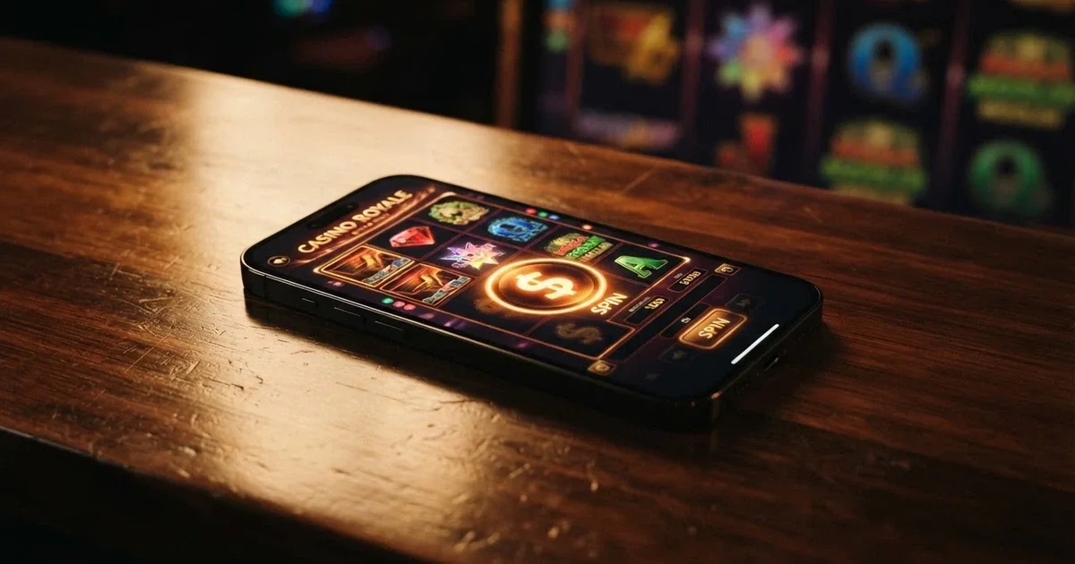A smartphone displaying a casino lobby screen with a $1 deposit button highlighted, set against a dark background with subtle pokie-reel graphics