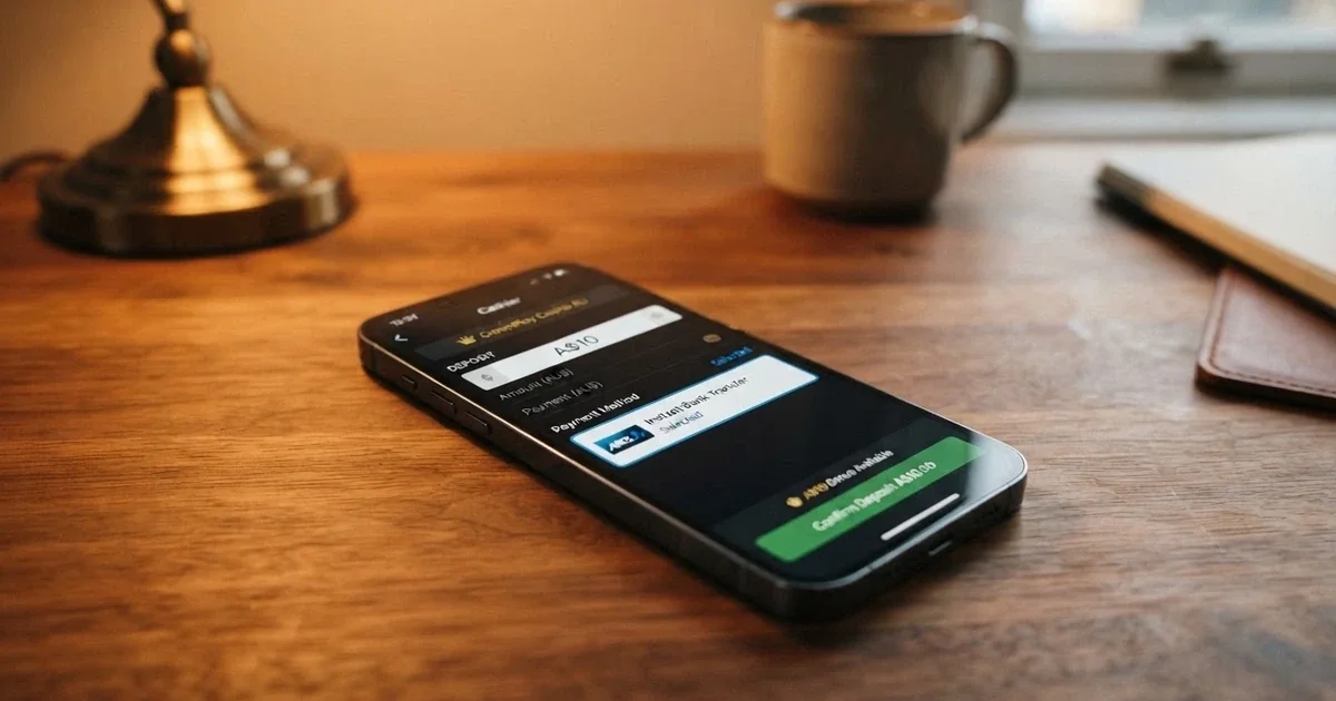 A smartphone screen showing an Australian online casino deposit page with the amount A$10 highlighted and a PayID logo visible beside the payment options