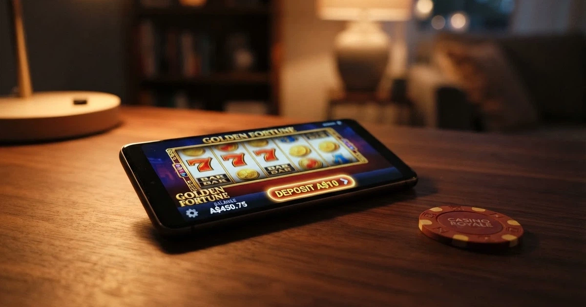 A smartphone screen displaying a colourful online pokies game interface with an Australian $10 deposit prompt visible