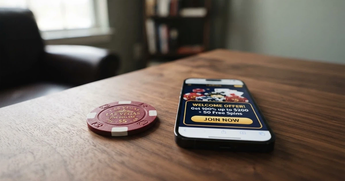 An Australian $10 banknote on a desk beside a smartphone displaying a casino sign-up screen with a no-deposit bonus banner