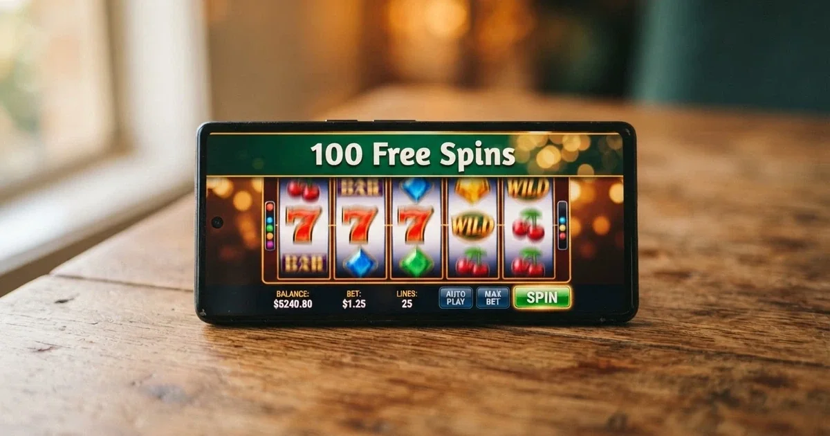 A smartphone screen displaying a row of colourful online pokies reels, with text reading “100 Free Spins” overlaid on an Australian-themed background