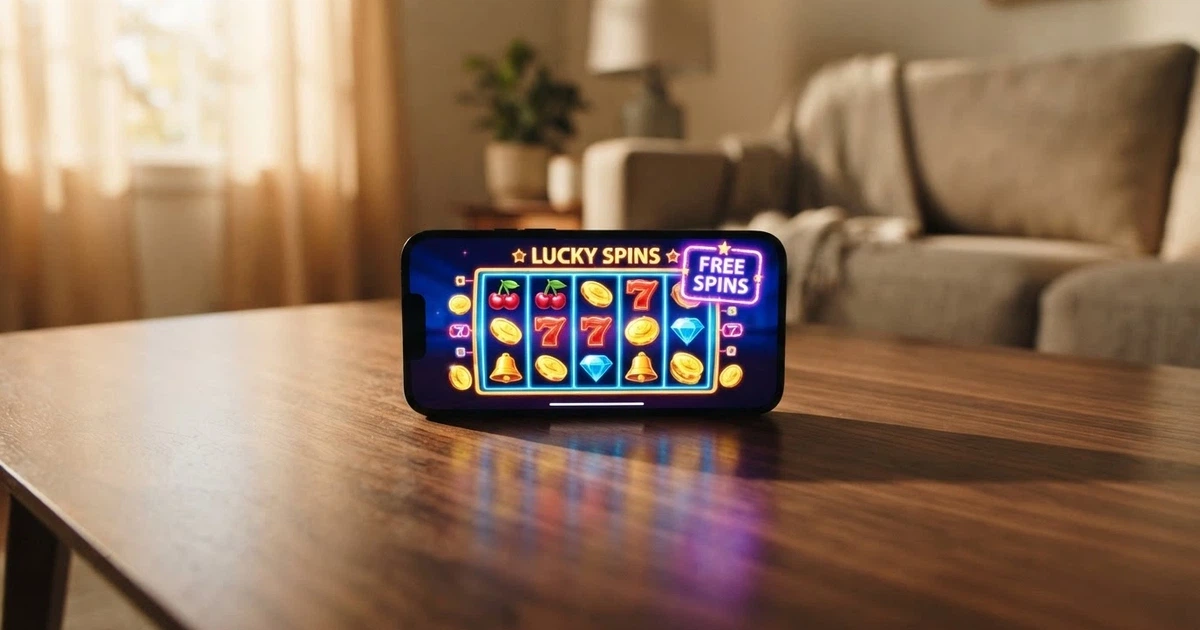 A smartphone resting on a table displaying a colourful online pokies game screen with a free spins notification badge overlaid