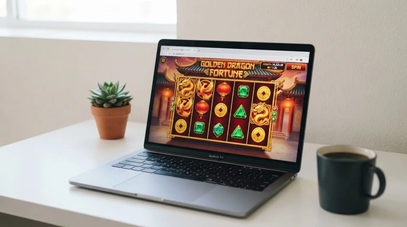 A laptop screen displaying a 1Spin4Win slot in demo mode, the play-money balance visible in the corner, with no login prompt or deposit form on screen.