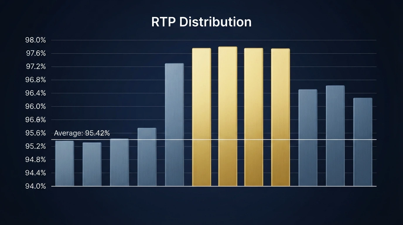 A bar chart of RTP percentages across 1Spin4Win slot titles, with five bars highlighted in gold at the 97.6% mark and an average line drawn at 95.42%.
