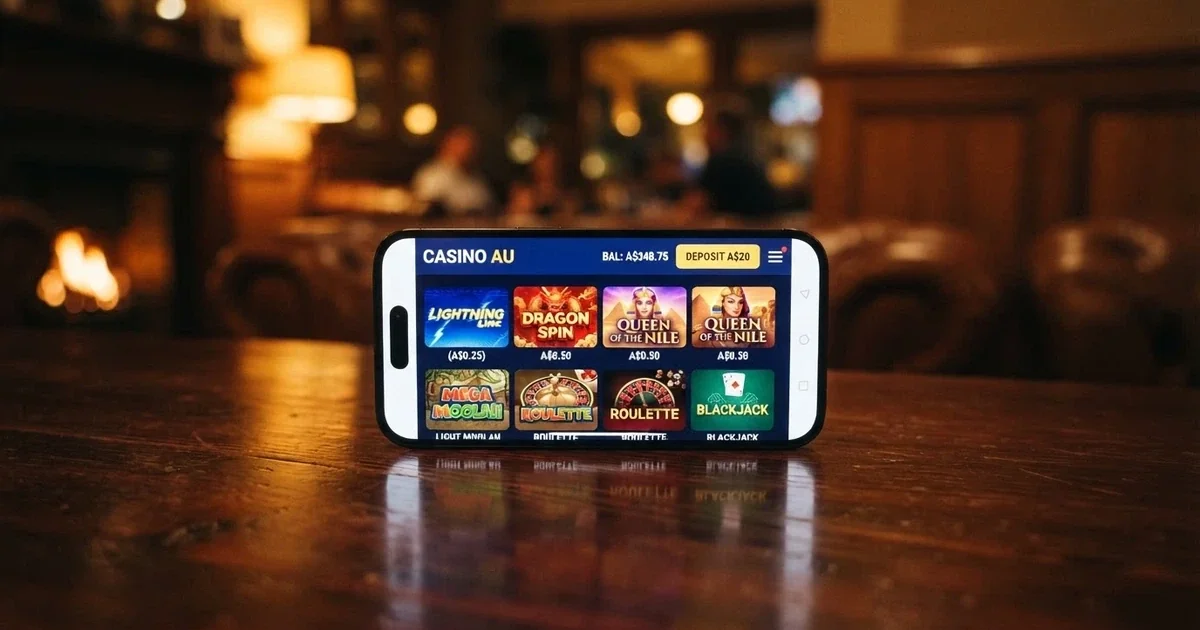 A smartphone showing an online casino game lobby with an Australian $20 deposit prompt and AUD balance displayed