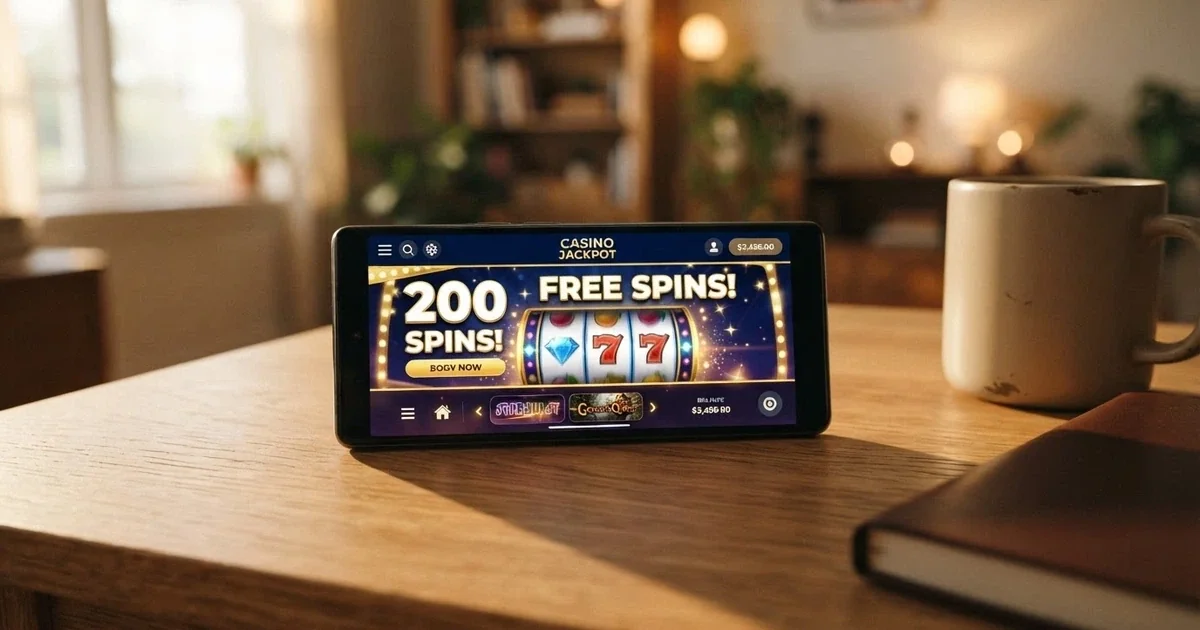 A smartphone screen displaying a casino lobby with a free-spins promotional banner, set against a plain desk surface
