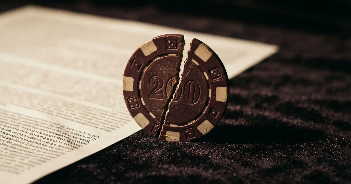 A cracked casino chip labelled $200 with fine-print terms magnified beneath it