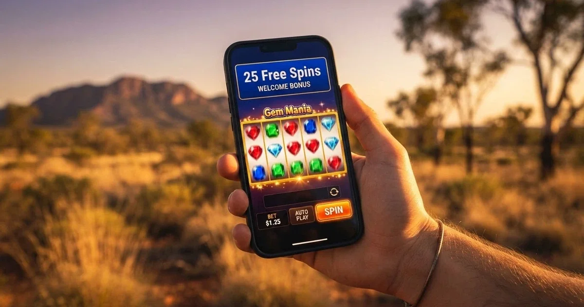 A smartphone screen showing a colourful online pokies game with the words “25 Free Spins No Deposit” visible on a welcome offer banner, set against an Australian-themed background with warm outback tones
