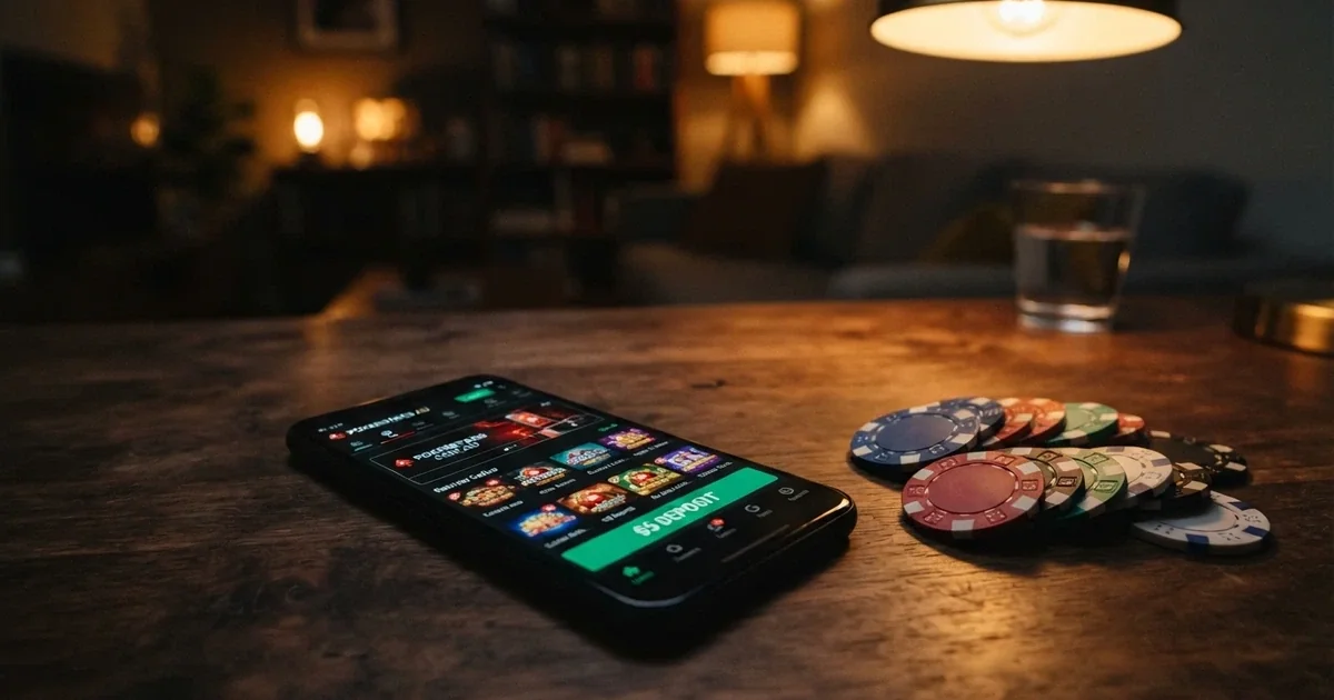 A smartphone showing an online casino lobby with a $5 deposit button next to a handful of Australian five-dollar notes and coins