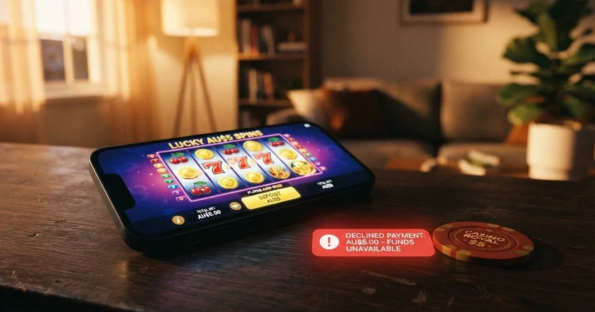 A smartphone screen displaying an online pokies game with a deposit amount field showing AU$5 beside a declined payment notification