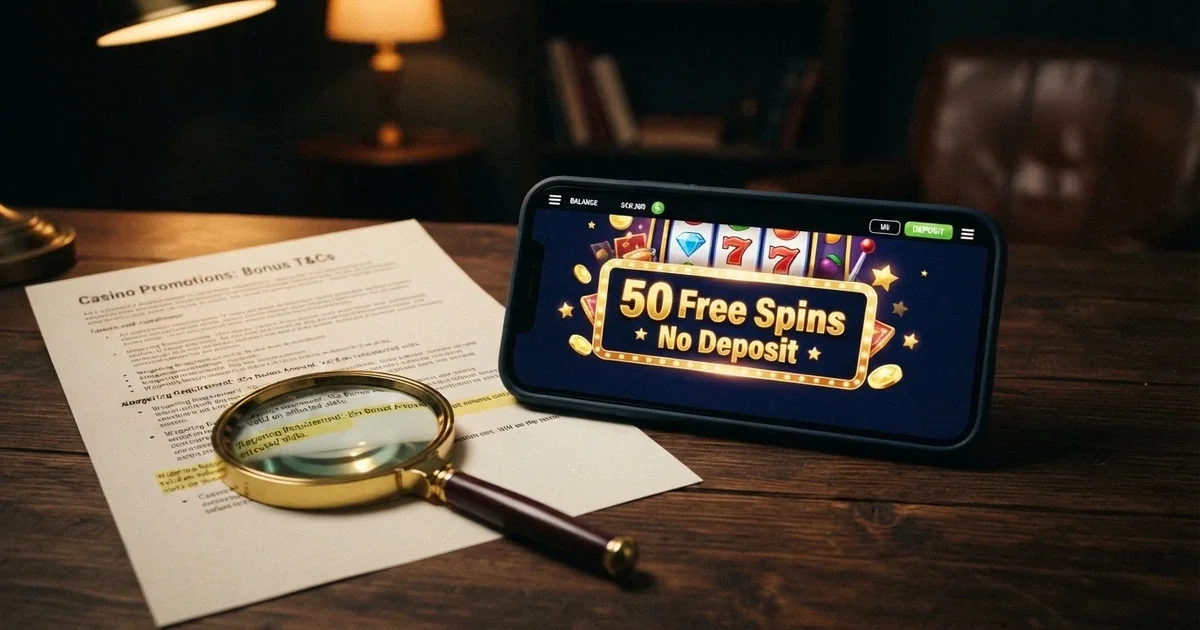 A smartphone screen showing a casino lobby with a “50 Free Spins No Deposit” promotional banner, alongside a terms-and-conditions document with a magnifying glass over the wagering clause