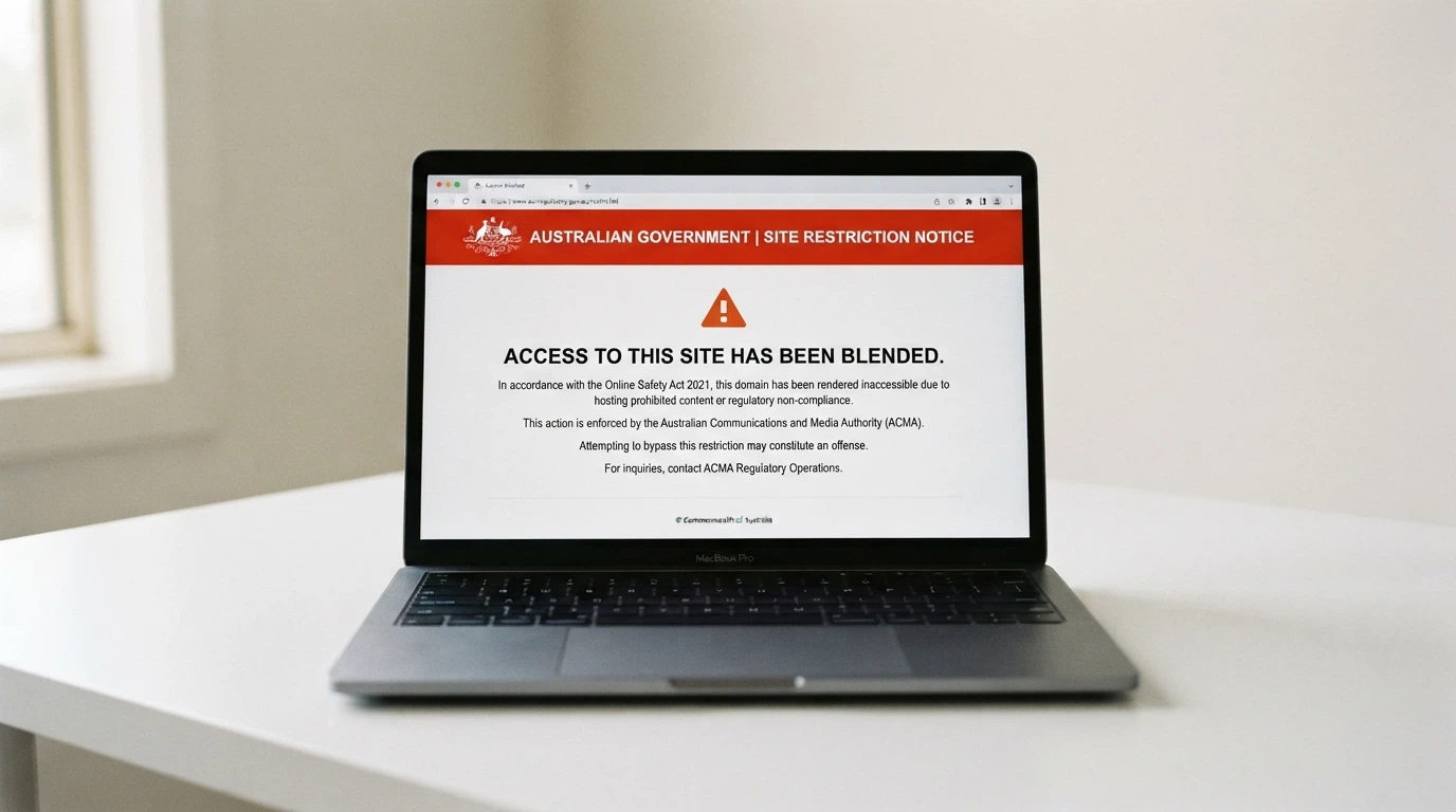 A stylised browser window showing an ACMA block notice page with the URL bar visible