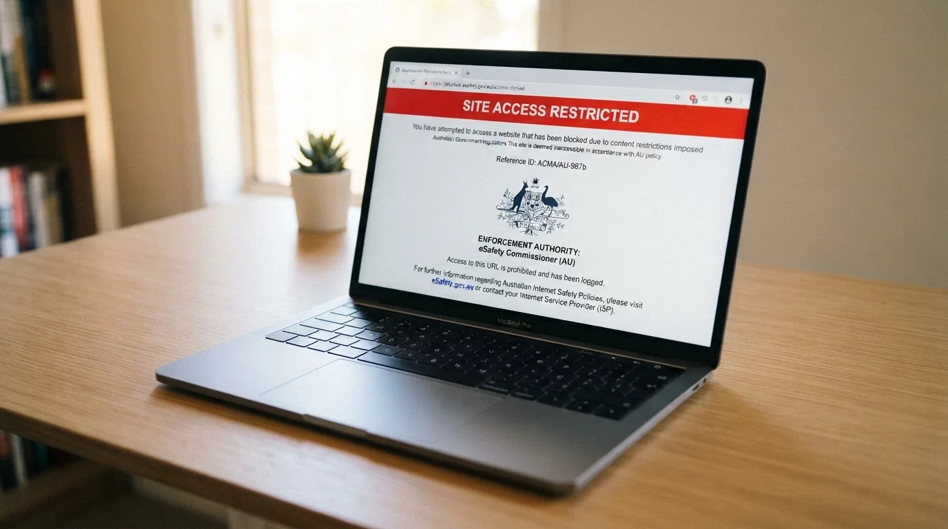 A browser window displaying the ACMA website with its illegal-gambling enforcement page and a blocked-site notice visible