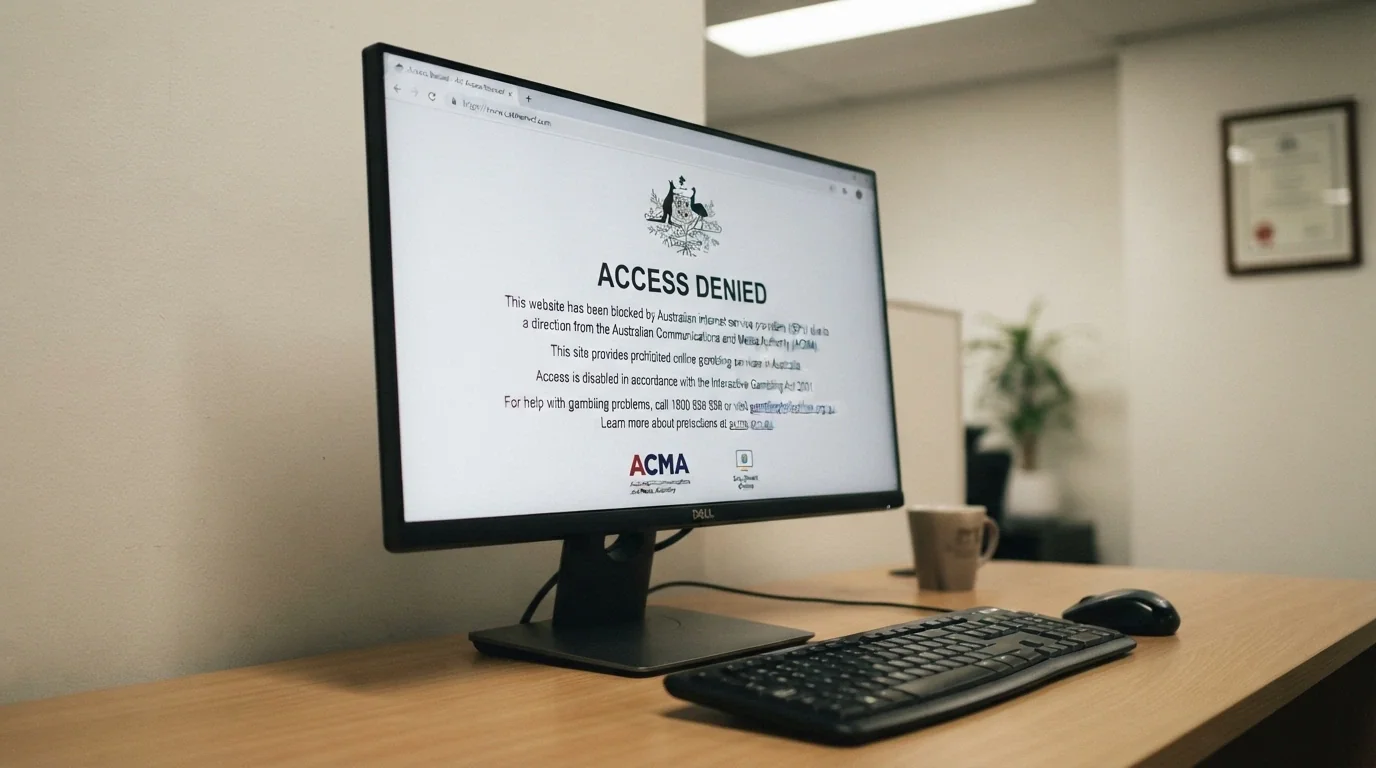 A web browser window displaying the ACMA blocking notice on a greyed-out casino URL with the Australian Government crest visible