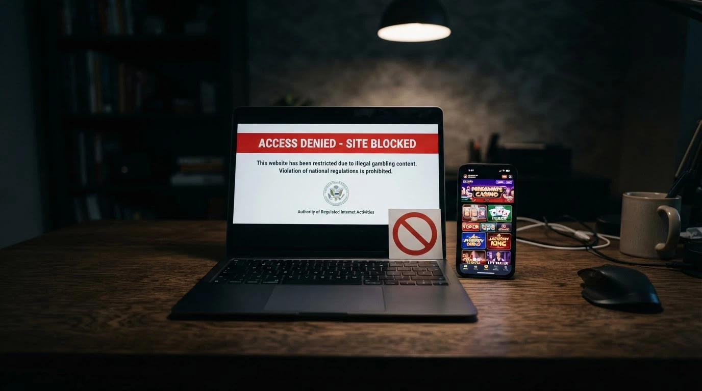A browser window showing an ACMA blocked-site notice beside a smartphone displaying the same offshore casino's lobby, with a red prohibition symbol linking the two