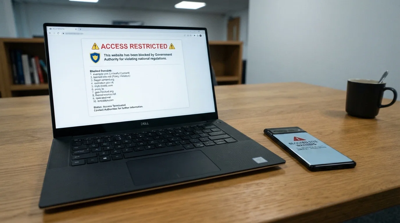 A laptop screen showing the ACMA website with a blocking notice and a list of blocked gambling domains, beside a phone displaying a blocked-site warning