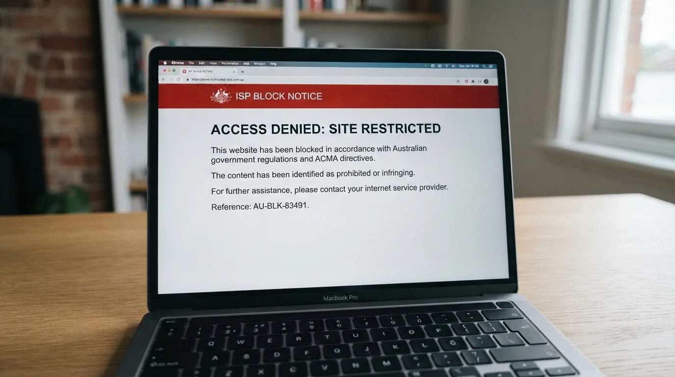 A browser window showing an ISP block notice for a gambling website
