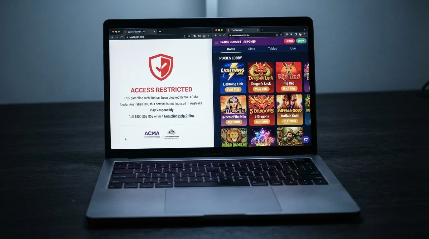 A laptop screen showing a browser with an ACMA-branded site-blocked notice beside a pokies lobby in another window