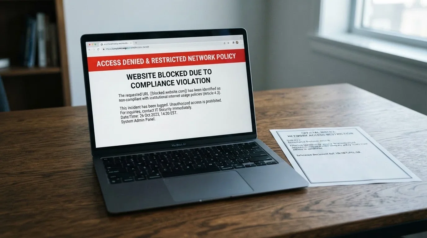 A laptop screen displaying an ACMA advisory notice about blocked illegal gambling websites, with an Australian Government crest visible