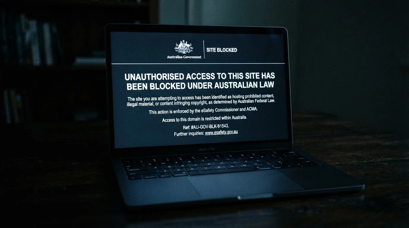 A web browser displaying the ACMA blocking notice on a black background with white text