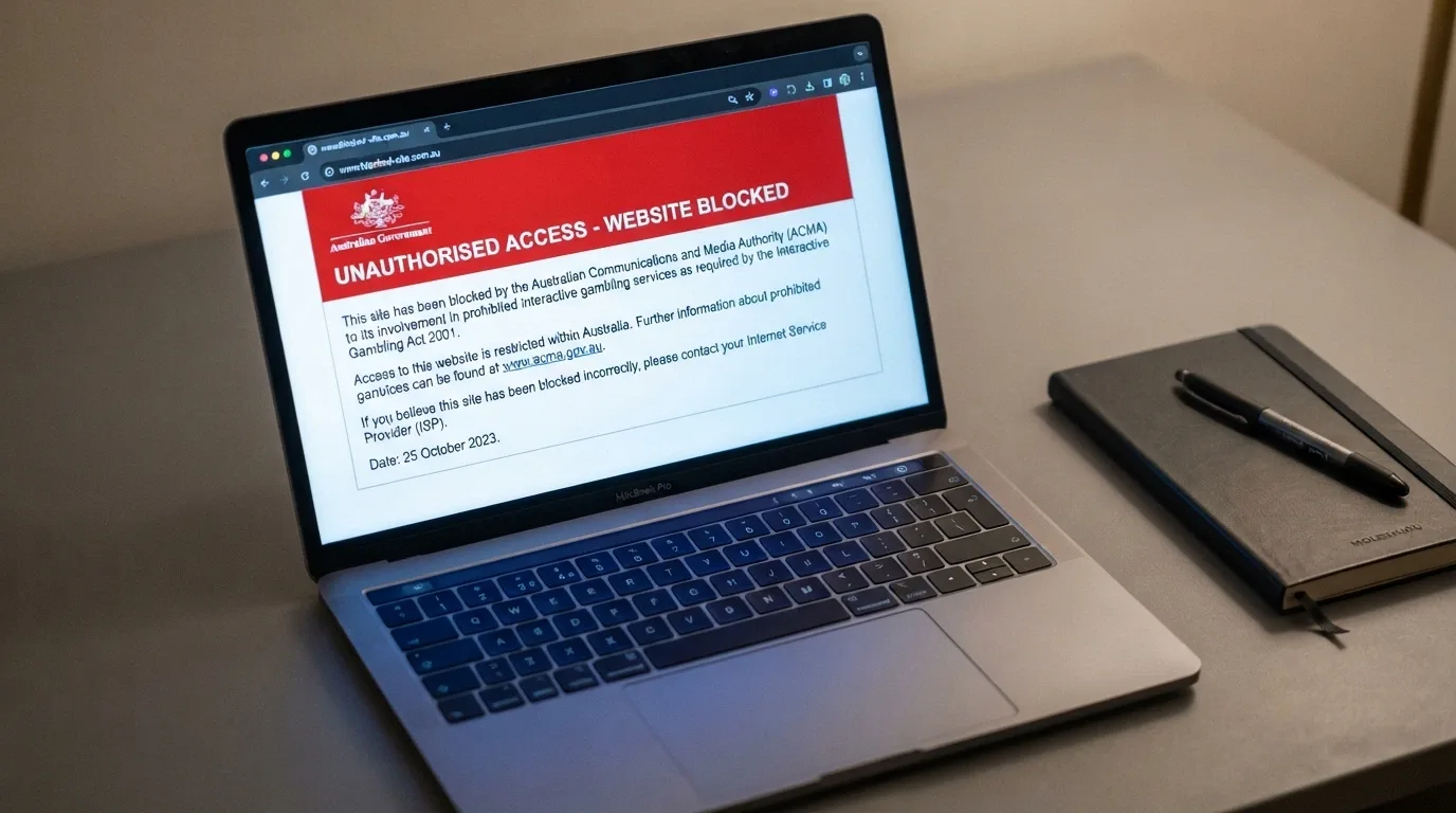 An ACMA website-blocking notice displayed in a browser window, with the ACMA logo and text referencing the Interactive Gambling Act 2001