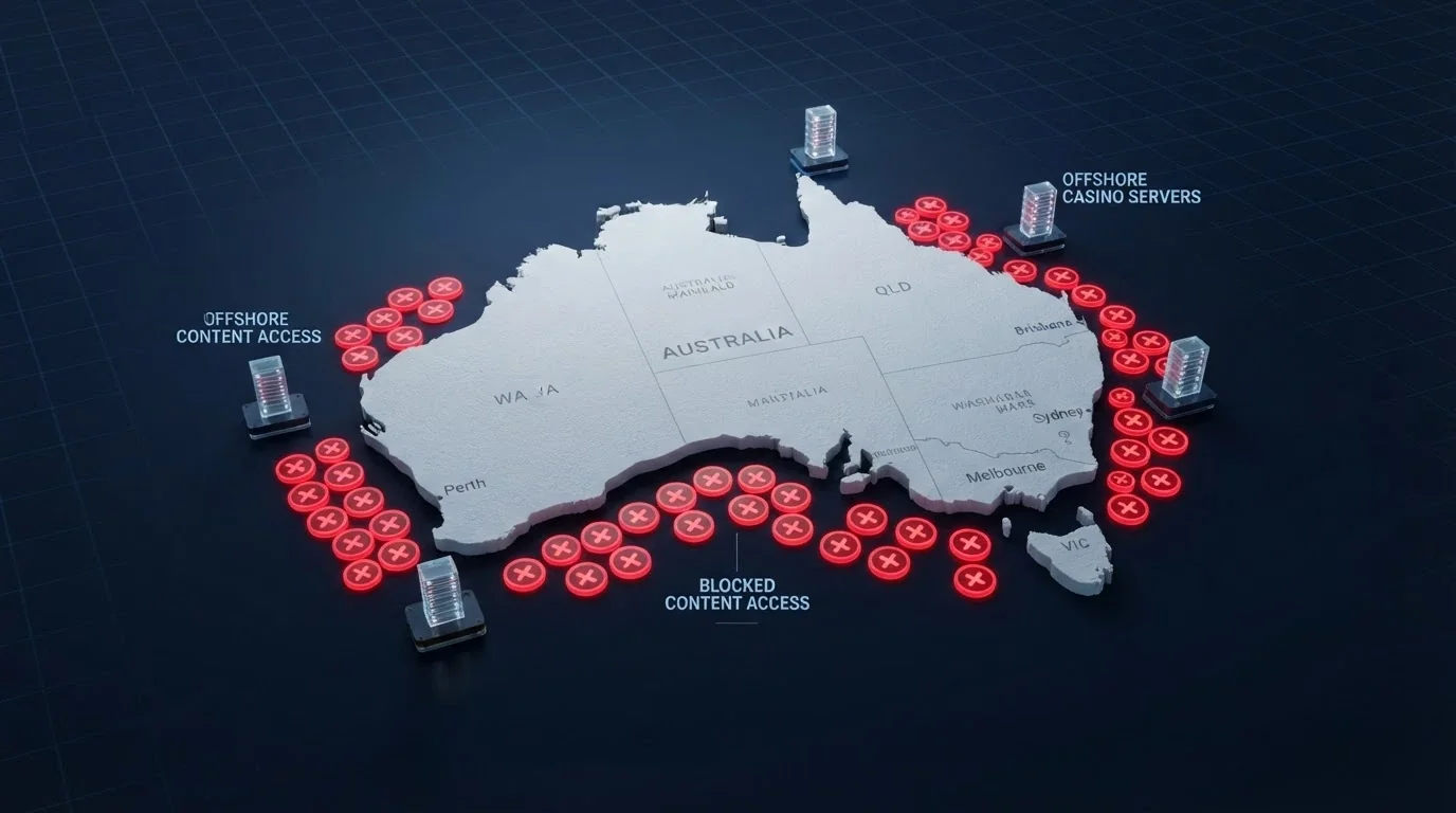 A stylised map of Australia with offshore casino server icons positioned outside its borders and red blocked-site markers over the water between them