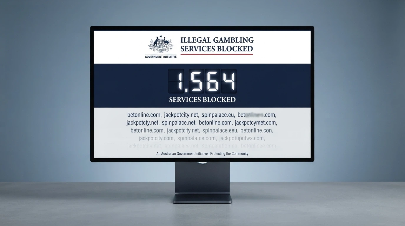 A government-style document or webpage header with the ACMA logo and the words “Illegal Gambling Services Blocked” visible, with a tally counter or block-list graphic beneath