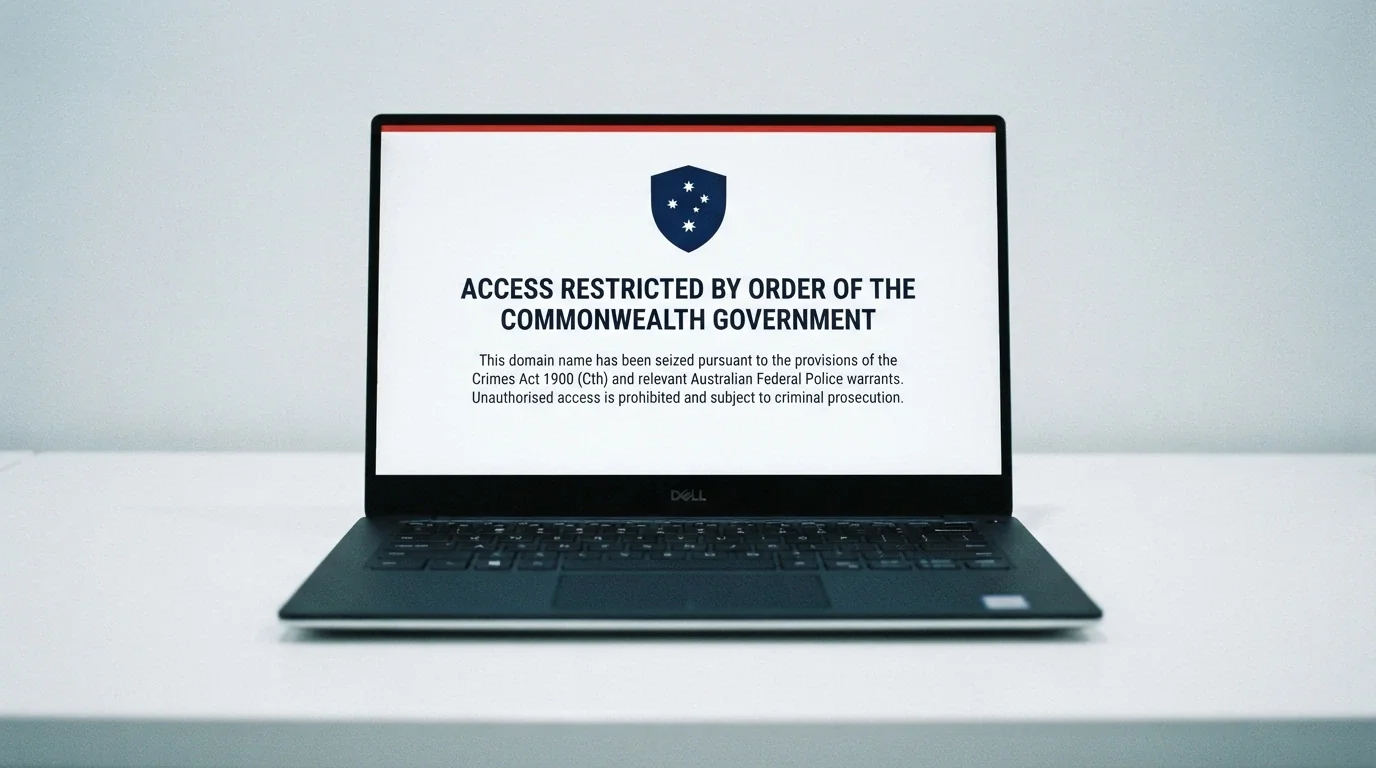 A stylised browser window showing an ISP-level block notice with ACMA branding and the text “This website has been blocked under section 313(3) of the Telecommunications Act 1997”