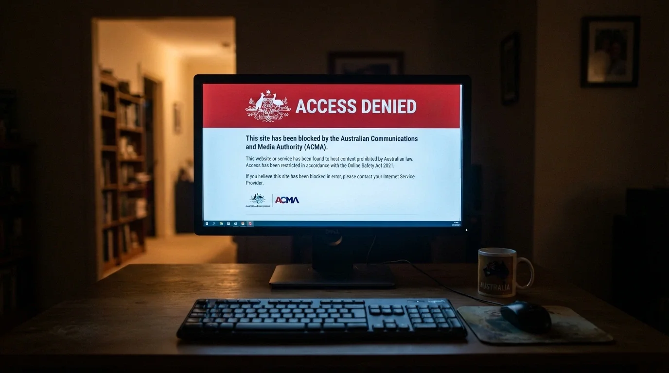 A browser window displaying the ACMA-blocked-site notice that an Australian ISP serves when a punter tries to reach a blocked illegal gambling domain