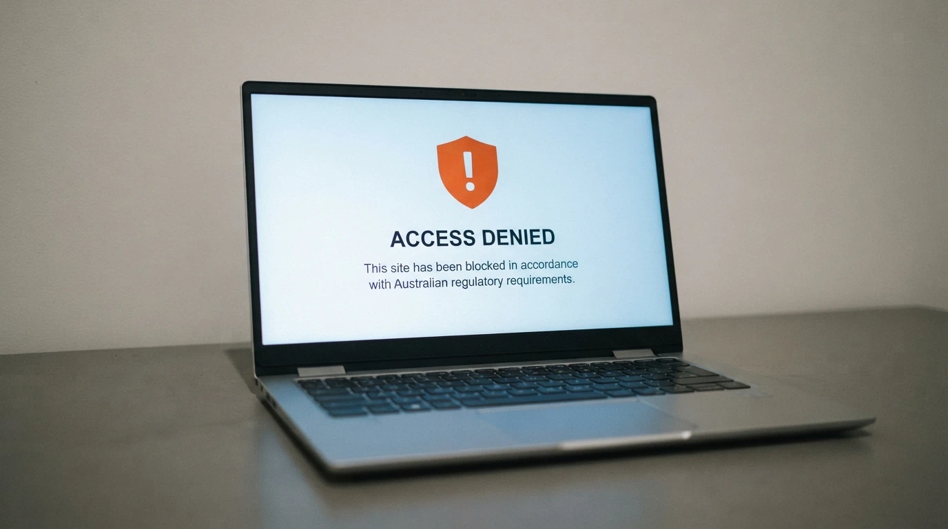 An ACMA-branded notice page with a blocked-website message displayed on a laptop screen