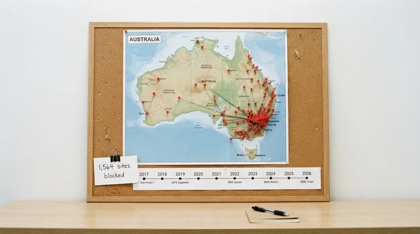 A stylised map of Australia with ACMA blocking-notice pins radiating from Canberra, a counter reading 1,564 sites blocked, and a regulatory-enforcement timeline from 2017 to 2026