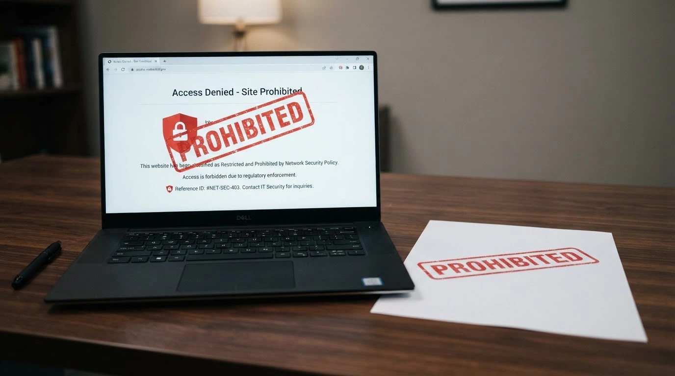 An official-looking document stamped PROHIBITED beside a blocked-website warning screen, with the ACMA logo visible
