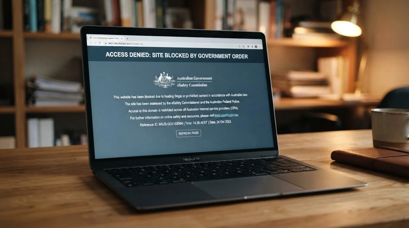 A browser window displaying the ACMA website-blocking notice that appears when an illegal gambling site is accessed