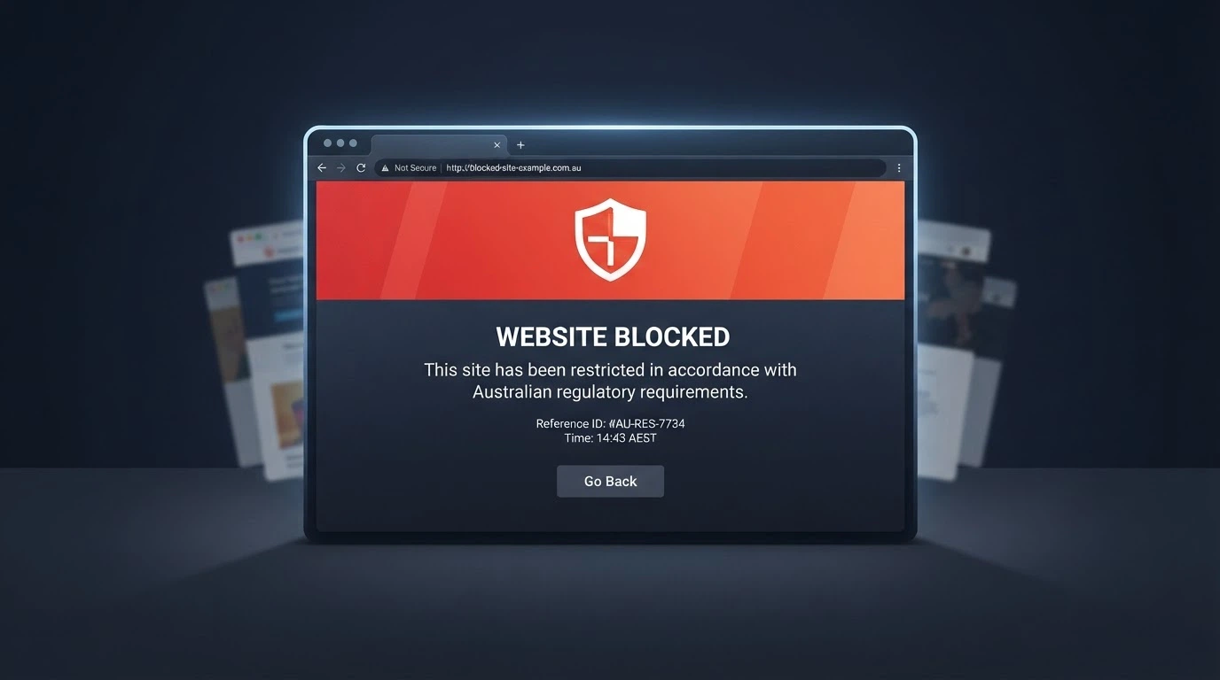 A stylised representation of an ACMA blocking notice or the ACMA website's blocked-sites register, showing the scale of enforcement action