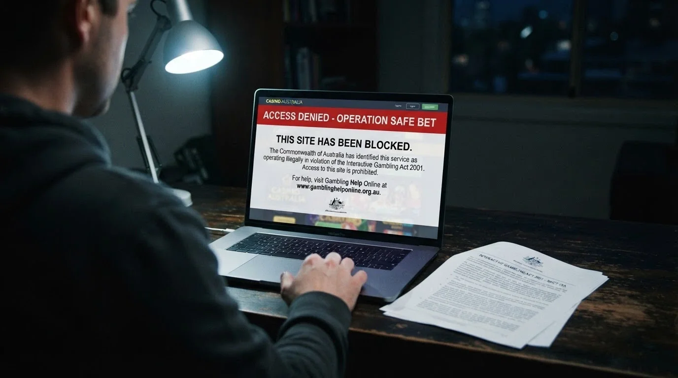 A browser window showing an ACMA site-blocking notice overlaid on a dimmed casino homepage, with the Interactive Gambling Act 2001 document visible beside the screen