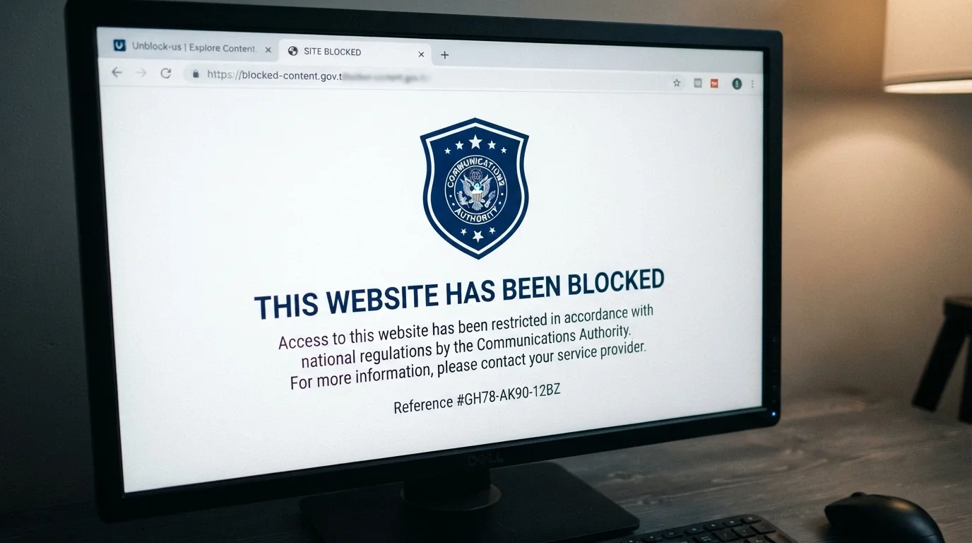 A browser window displaying the ACMA blocking notice page that Australian ISPs serve when a blocked gambling site is accessed, with the ACMA logo and the words “This website has been blocked” clearly visible