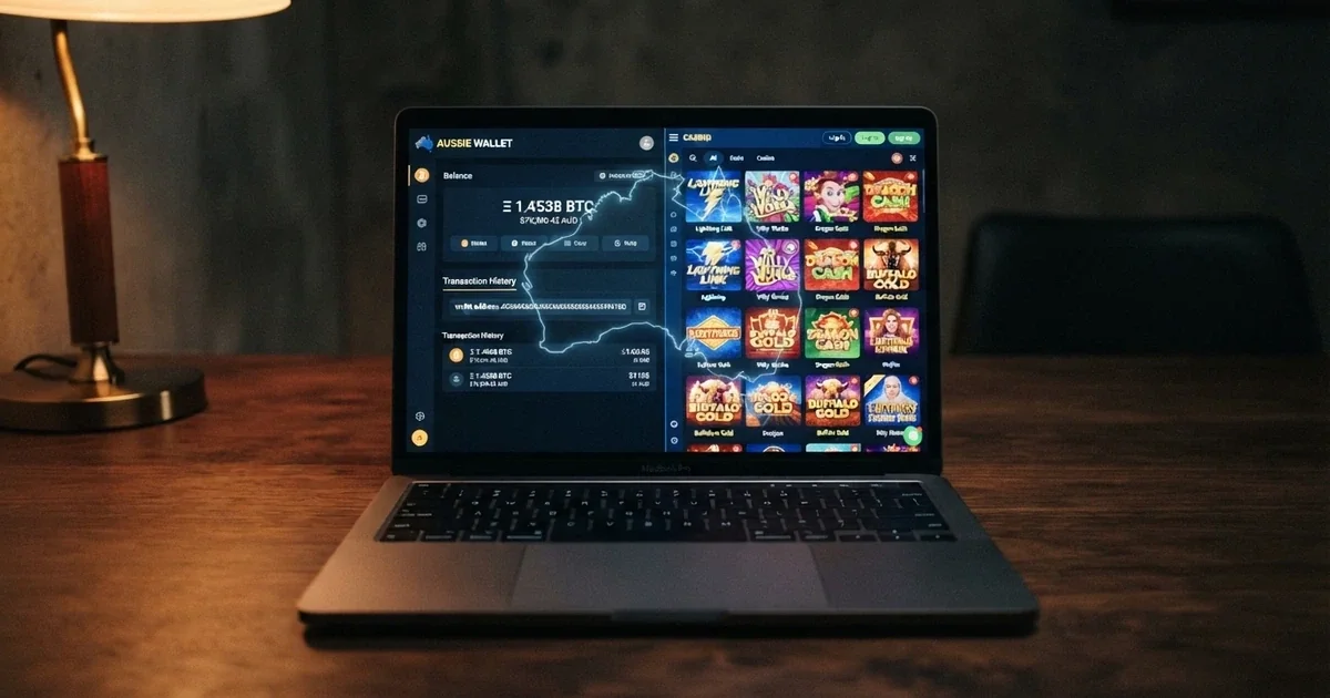 A laptop screen showing a cryptocurrency wallet interface beside a casino lobby with pokies thumbnails, overlaid with a subtle Australian map outline
