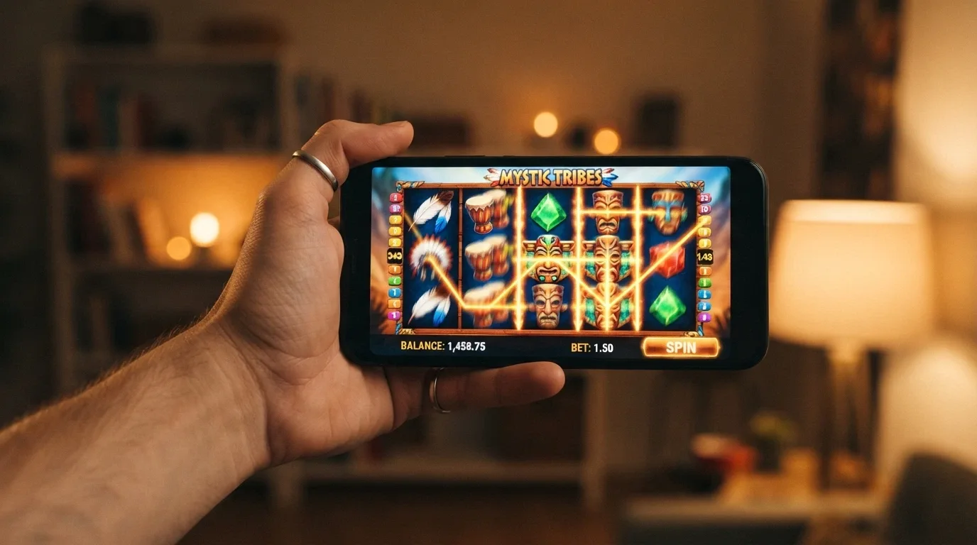 An Android phone in landscape orientation showing the Indian Dreaming slot game reels mid-spin, with the 243-ways win structure partially visible