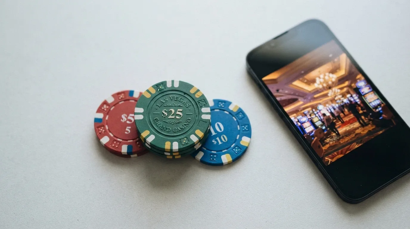 A close-up of Australian polymer banknotes — a $10 note beside a handful of $5 and $20 notes — on a desk next to a smartphone showing a casino lobby