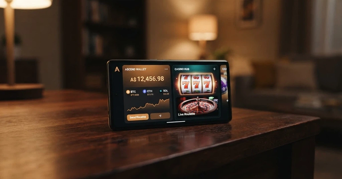 A smartphone screen showing a cryptocurrency wallet balance beside a casino lobby interface, with Bitcoin and Ethereum logos visible