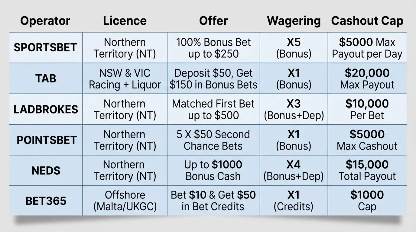 A side-by-side comparison grid listing Australian-facing pokies sites with columns for licence, free-spin offer and wagering terms