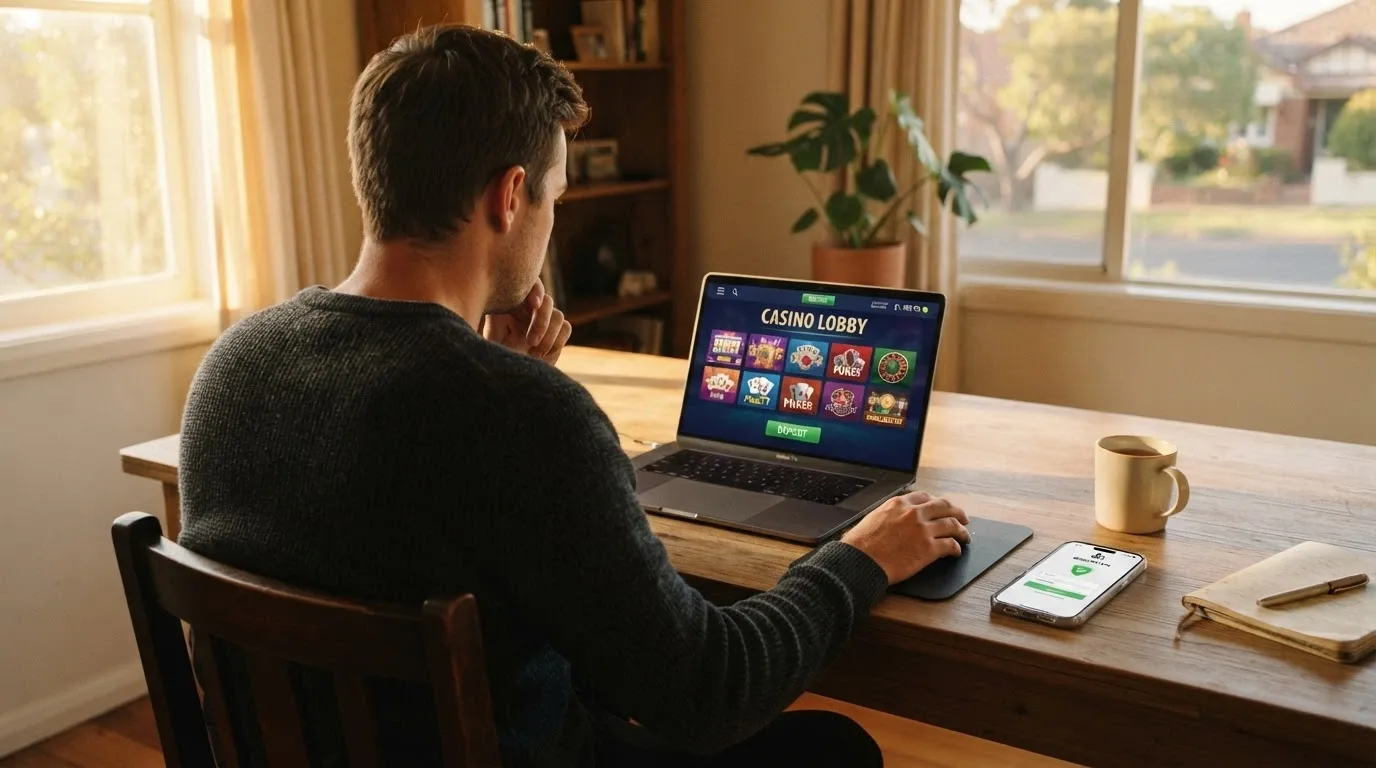 An Australian player sitting at a desk with a laptop open to a casino site, one hand on the mouse, the other holding a phone showing the BetStop registration page — a deliberate pause before the click