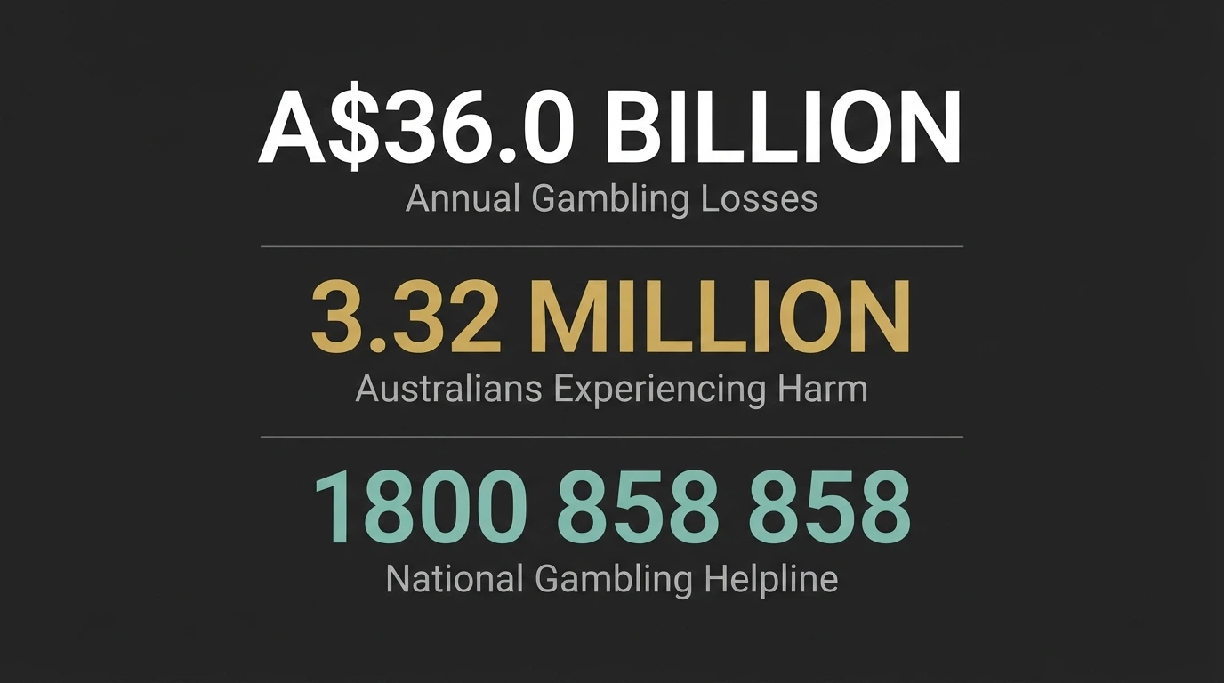 An infographic with three large figures — A$36.0 billion (annual losses), 3.32 million (Australians experiencing harm), and 1800 858 858 (the National Gambling Helpline) — set against a dark background.