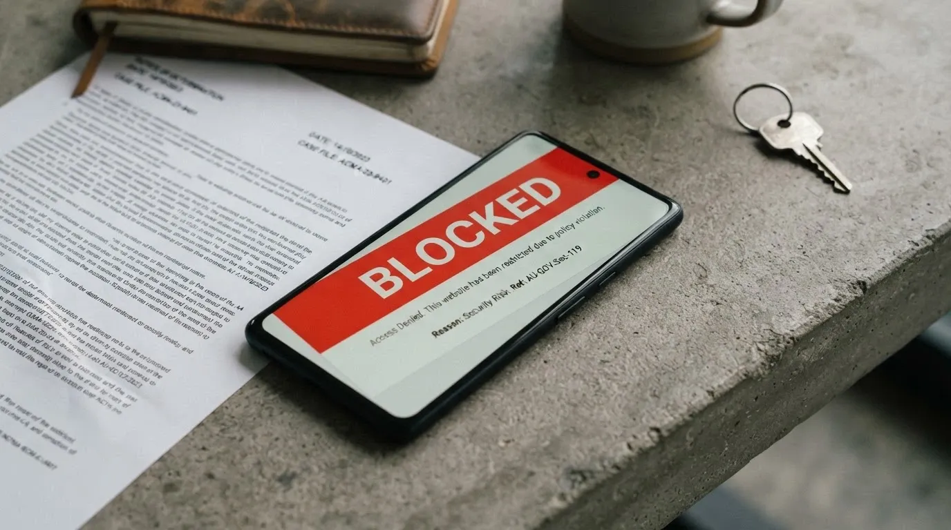 A mobile phone displaying an offshore casino homepage, with an ACMA blocking-notice overlay and the text of the Interactive Gambling Act 2001 referenced beside it.