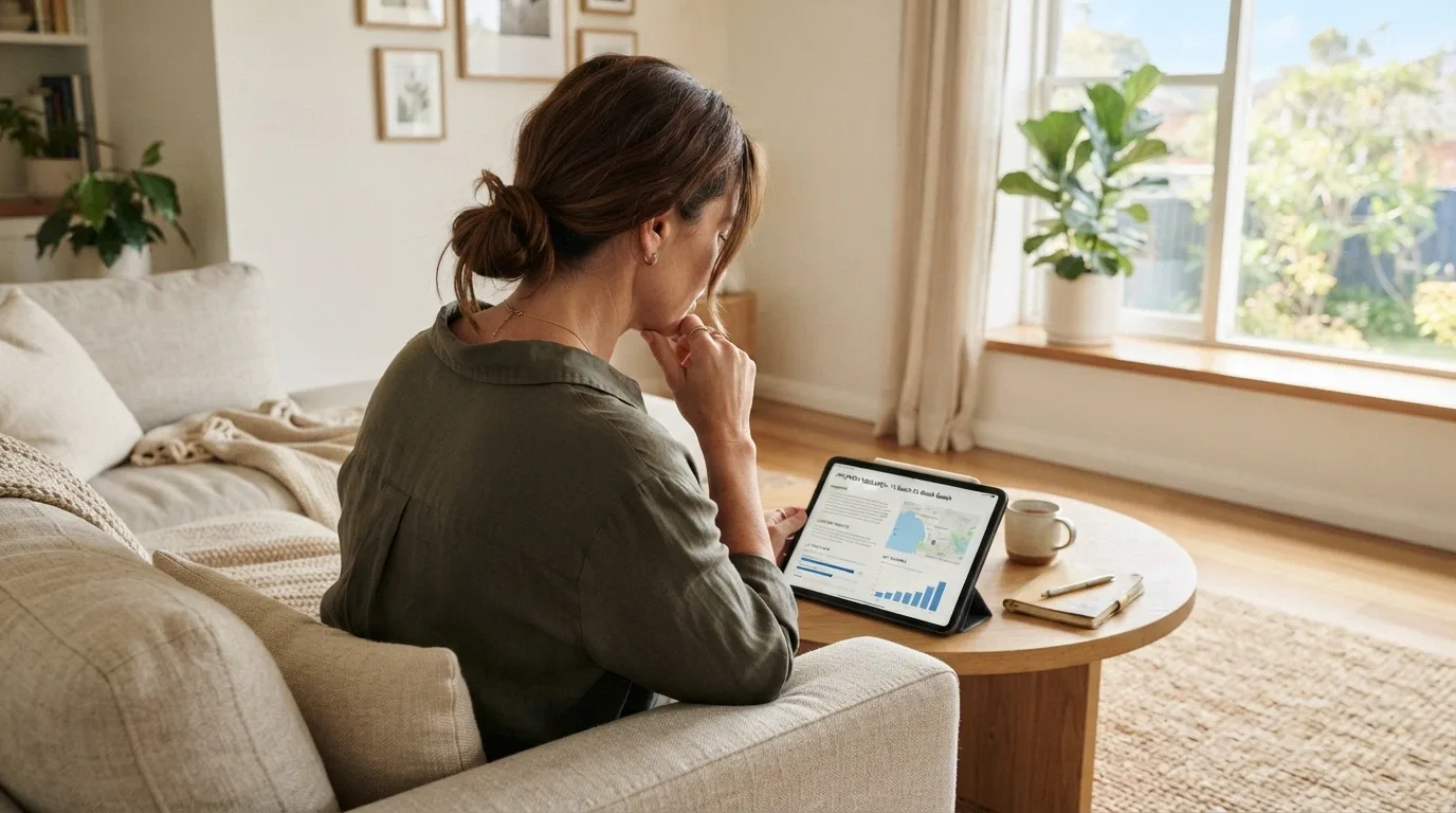 An Australian adult in a living room setting reviewing information on a tablet, with a thoughtful expression — no casino branding or game screen in frame
