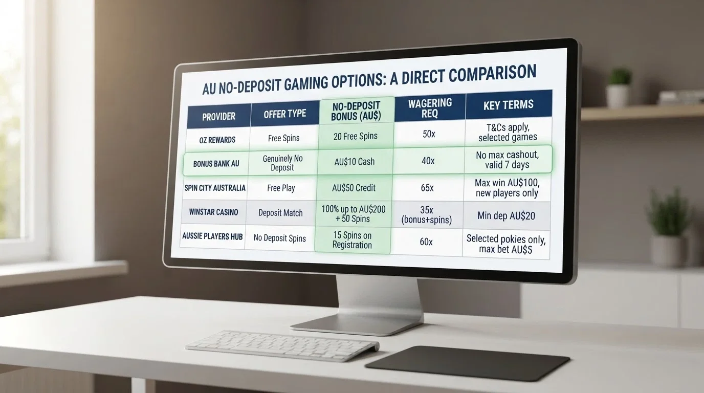 A clean comparison-table visual with operator names, wagering multiples, and a highlighted column showing which offers are genuinely no-deposit