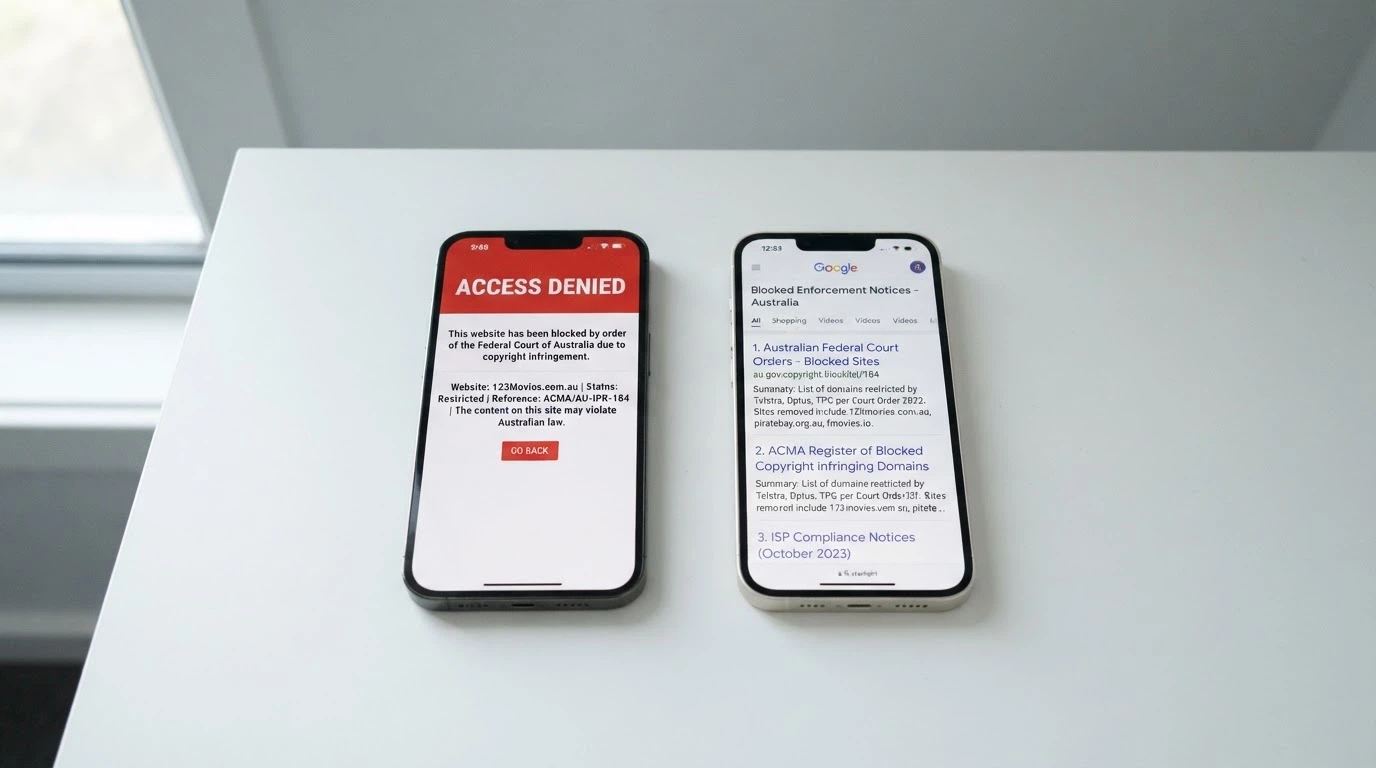 An iPhone displaying the ACMA website with “Interactive Gambling Act” visible, beside a blocked-site notification from an Australian ISP