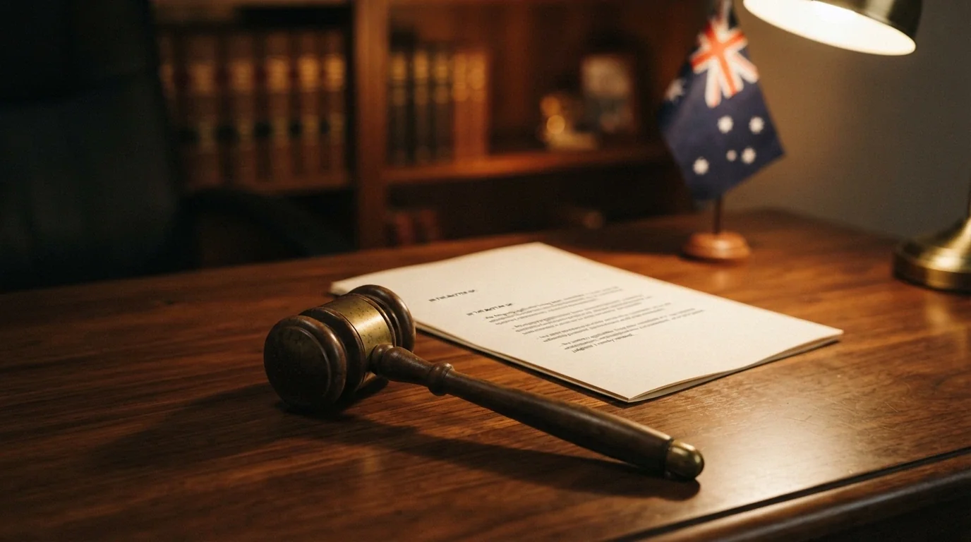 An open copy of the Interactive Gambling Act 2001 resting on a desk, with a gavel beside it and an Australian coat of arms faintly watermarked in the background