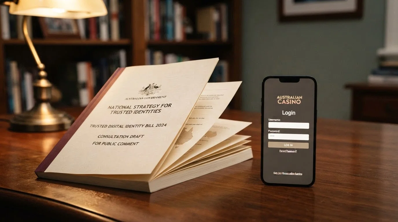 The Interactive Gambling Act 2001 document cover beside a smartphone displaying an offshore casino login screen