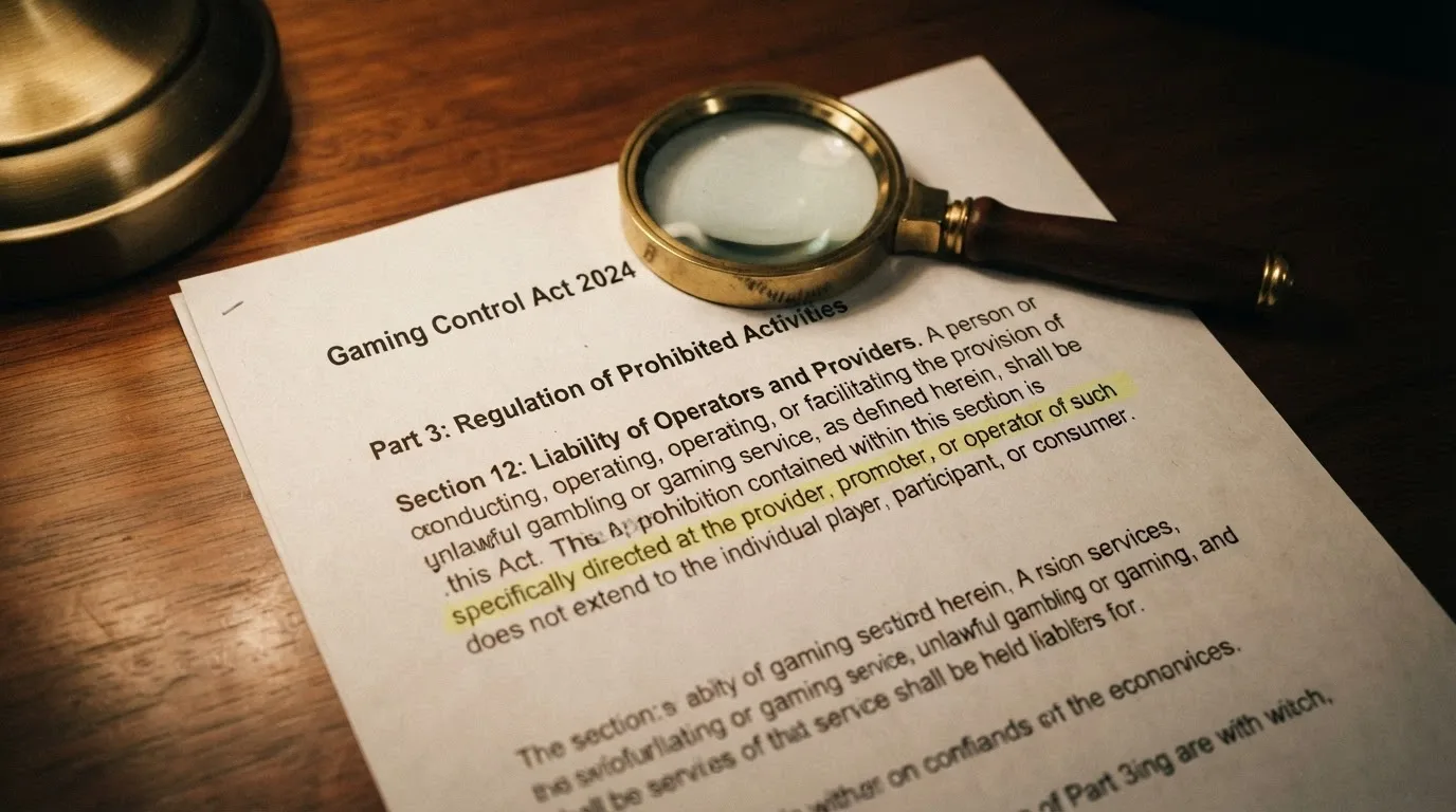 A document-style visual showing the Interactive Gambling Act 2001 with a magnifying glass over the clause stating the prohibition targets the provider, not the player